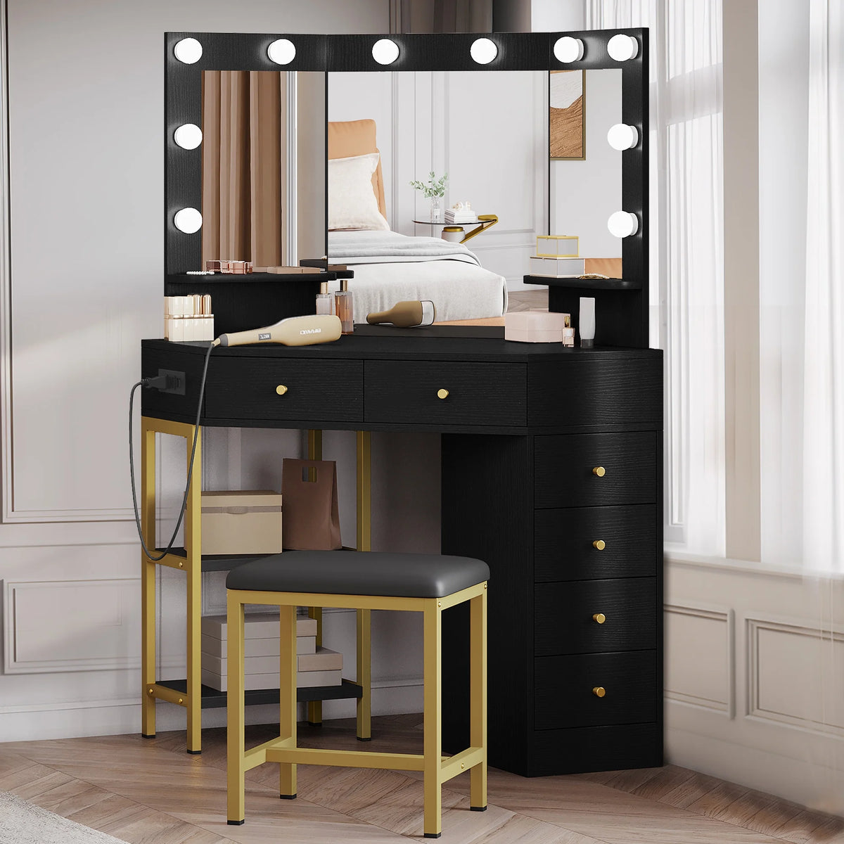 Black Corner Vanity Desk with Mirror and 6 Drawers B5653