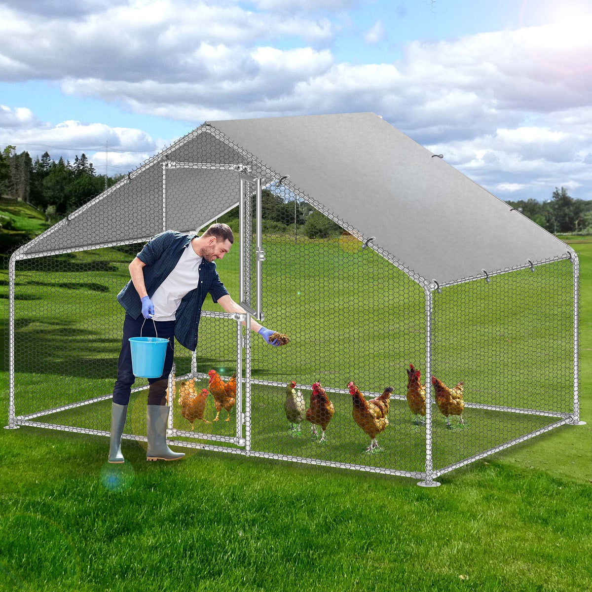 6.6 x 9.8 x 6.4 ft Metal Chicken Coop with Waterproof Cover J8653