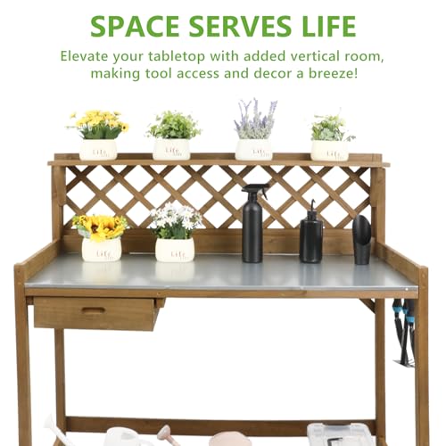 Wooden Potting Bench with Metal Table Top, Drawer and Shelf Q718461