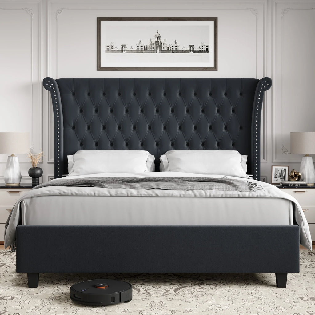 King Size White Velvet Tufted Upholstered Platform Bed W874