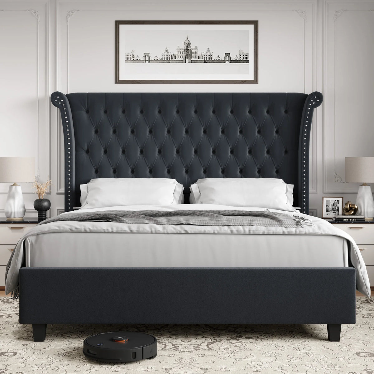 King Size White Velvet Tufted Upholstered Platform Bed W874