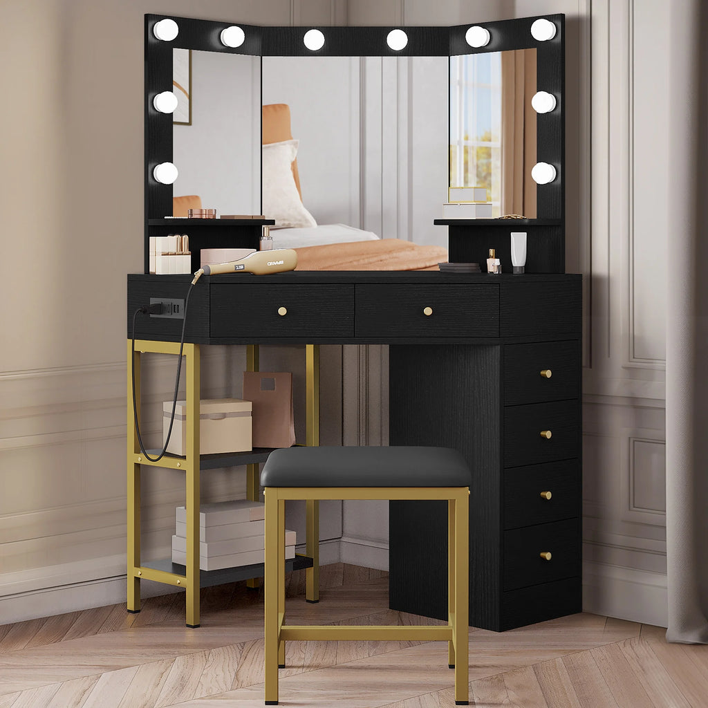 Black Corner Vanity Desk with Mirror and 6 Drawers B5653