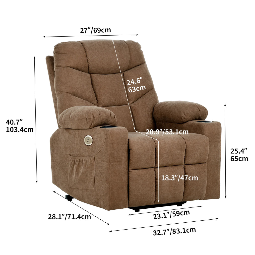 Brown Fabric Power Lift Recliner Chair with Massage and Heat M7888