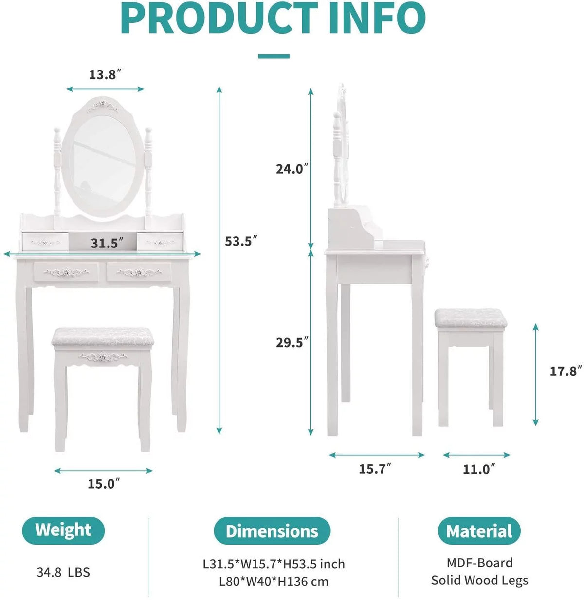 White Vanity Table and Stool Set with 4 Drawers & Mirror O759582