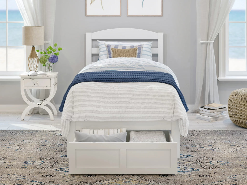 White Twin XL Wood Platform Bed Frame with Foot Drawer Storage H297883