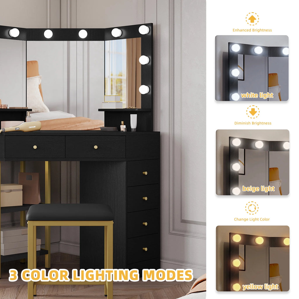 Black Corner Vanity Desk with Mirror and 6 Drawers B5653
