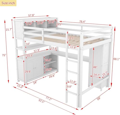 Full Loft Bed with Desk, Wardrobe, Bookshelf & Storage, Dark Blue, Wood Q999913