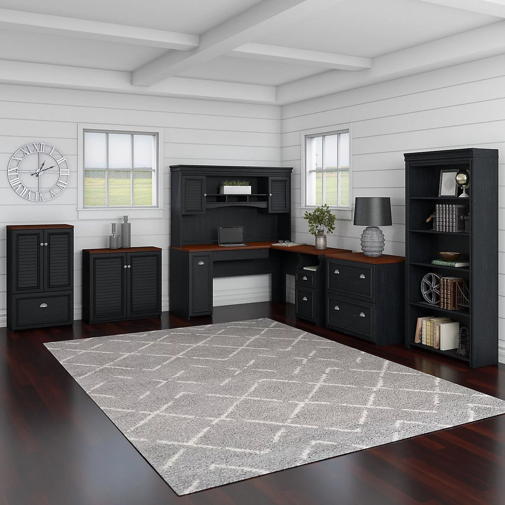 Black L Shaped Desk with Hutch and Storage S2508