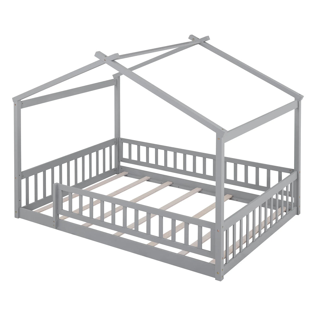 Full Size Wood Floor Bed Frame with Fence Guardrails and House Roof M743