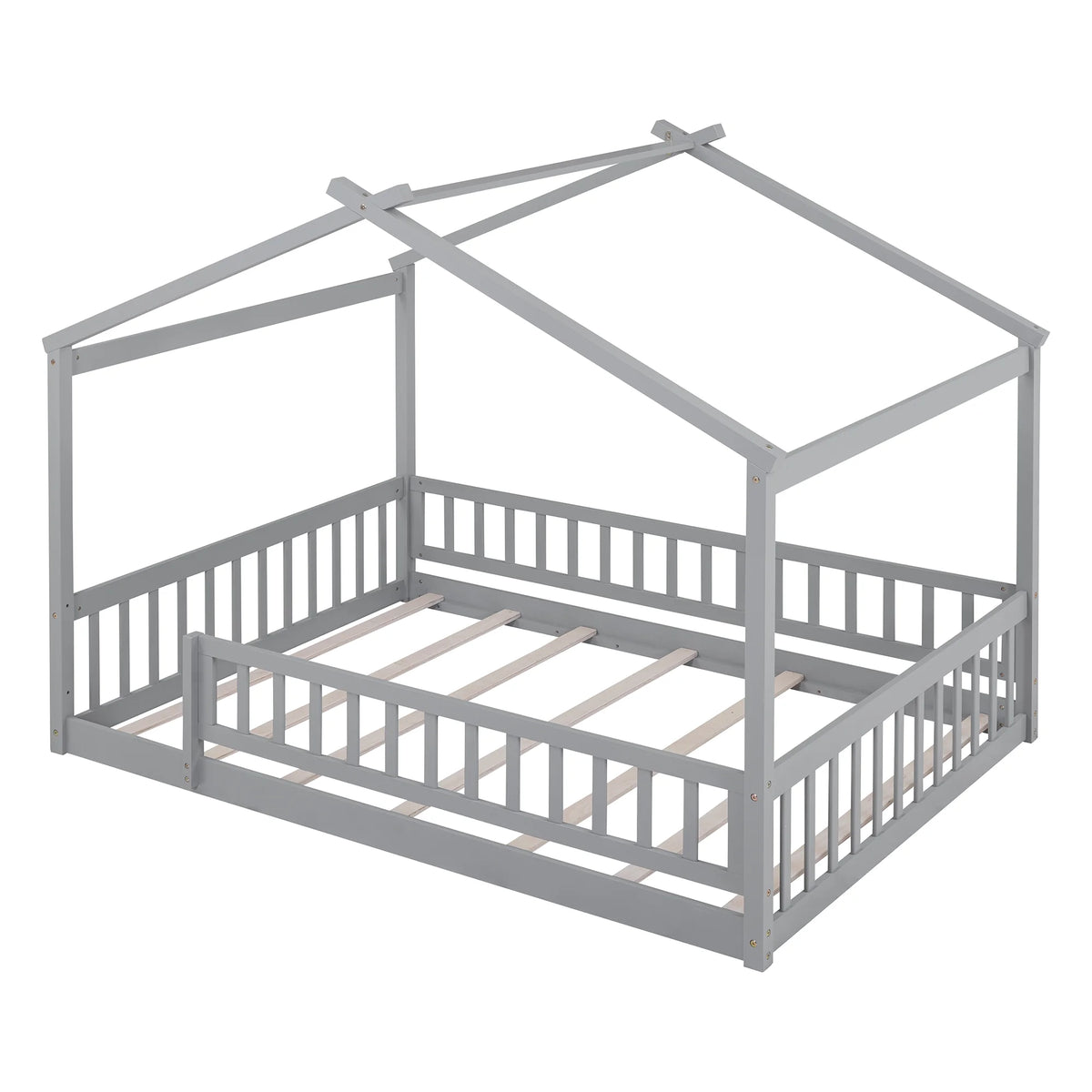 Full Size Wood Floor Bed Frame with Fence Guardrails and House Roof M743