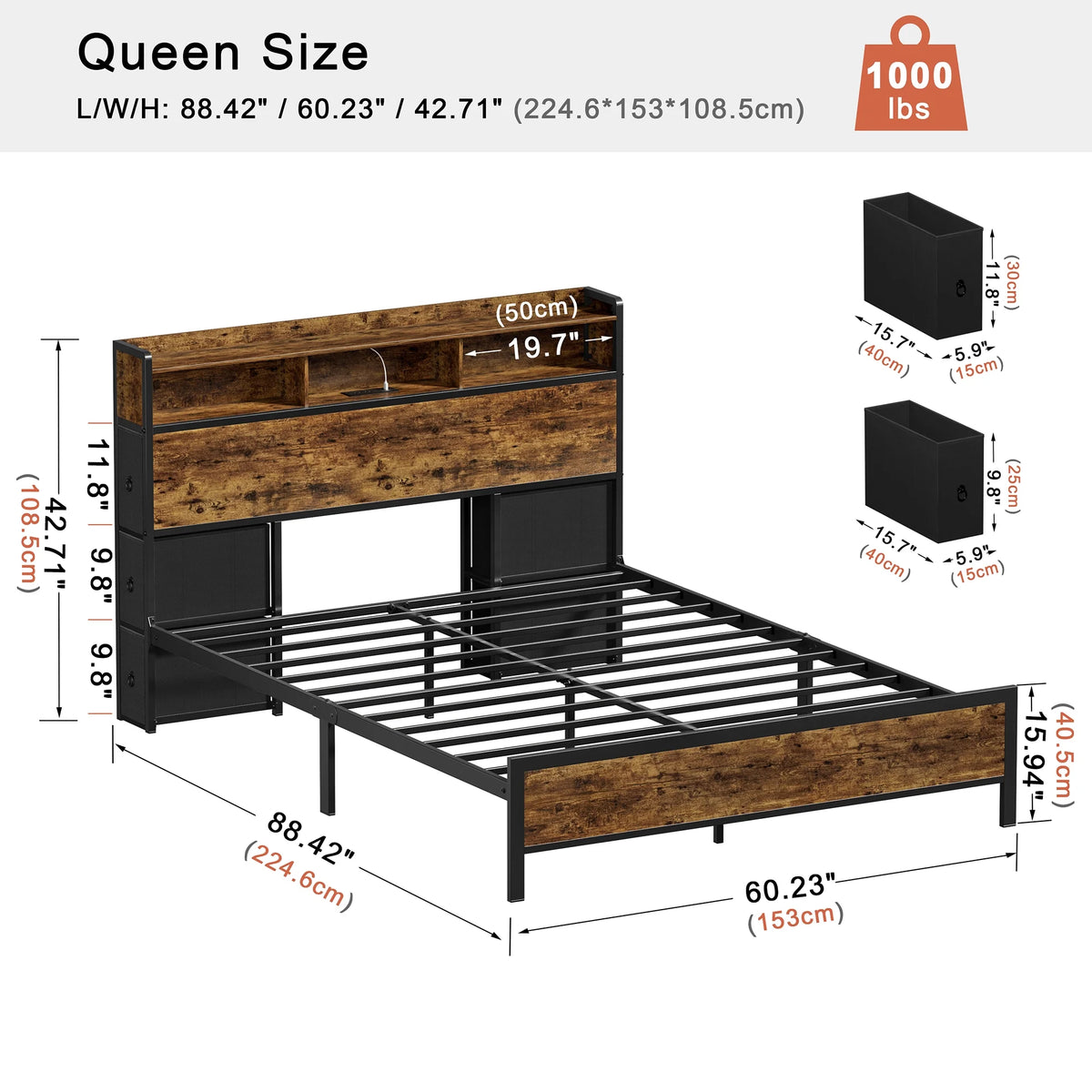 Queen Bed Frame with 6 Drawers Storage Headboard LED USB Ports & Outlets L576