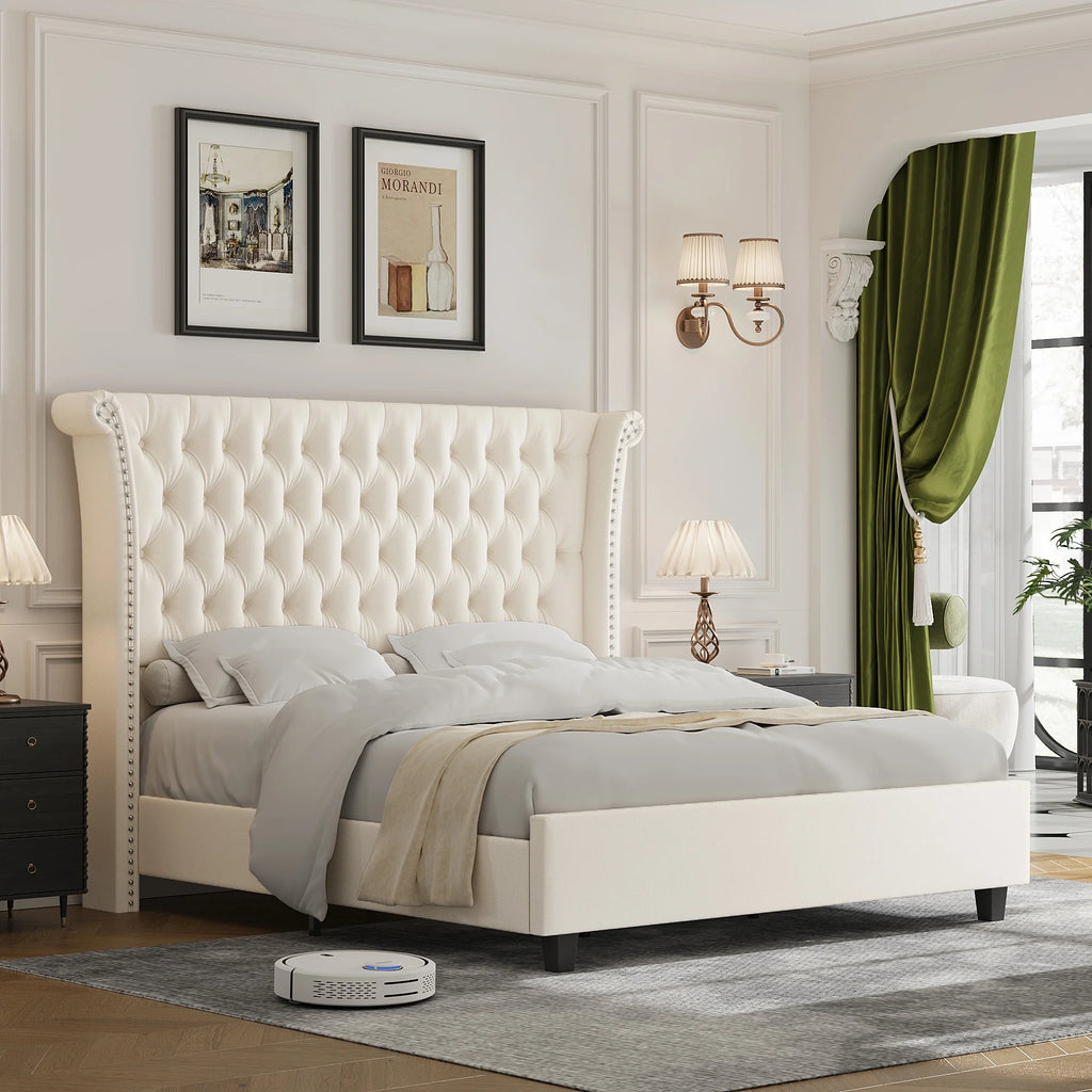 King Size White Velvet Tufted Upholstered Platform Bed W874