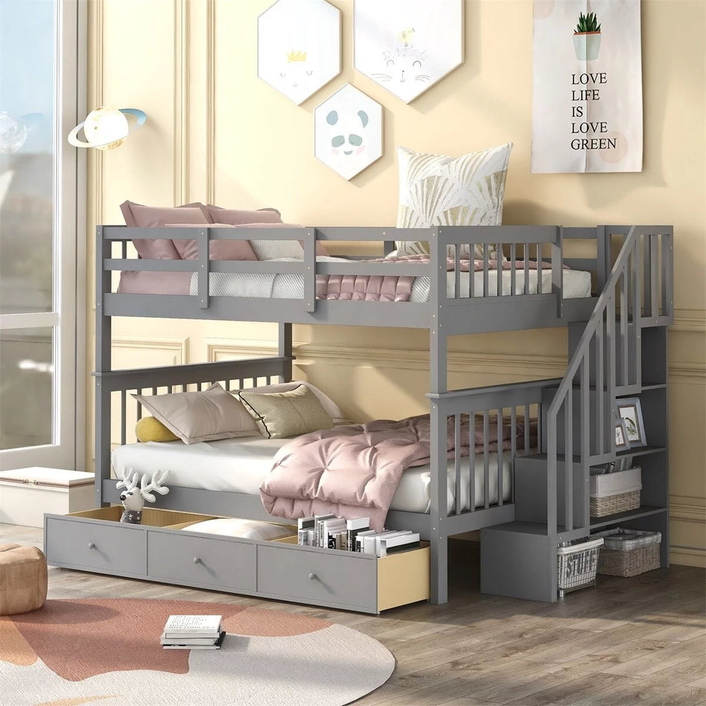 White Full over Full Stairway Bunk Bed with Drawer W81097
