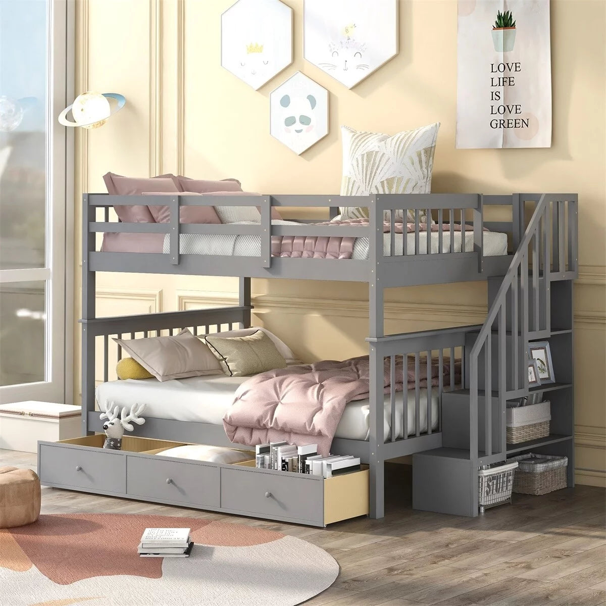 White Full over Full Stairway Bunk Bed with Drawer W81097
