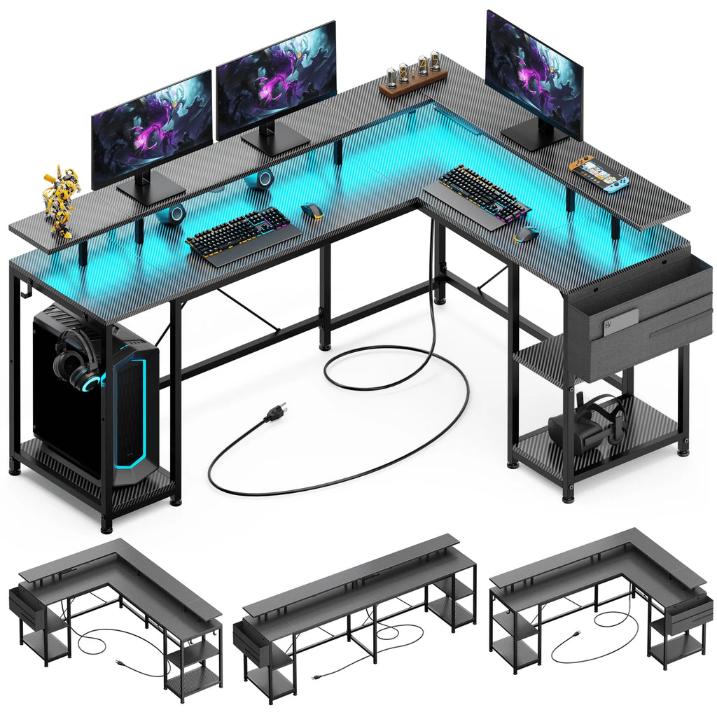 95” L-Shaped Computer Desk with LED Light and Power Outlet, Black F66282
