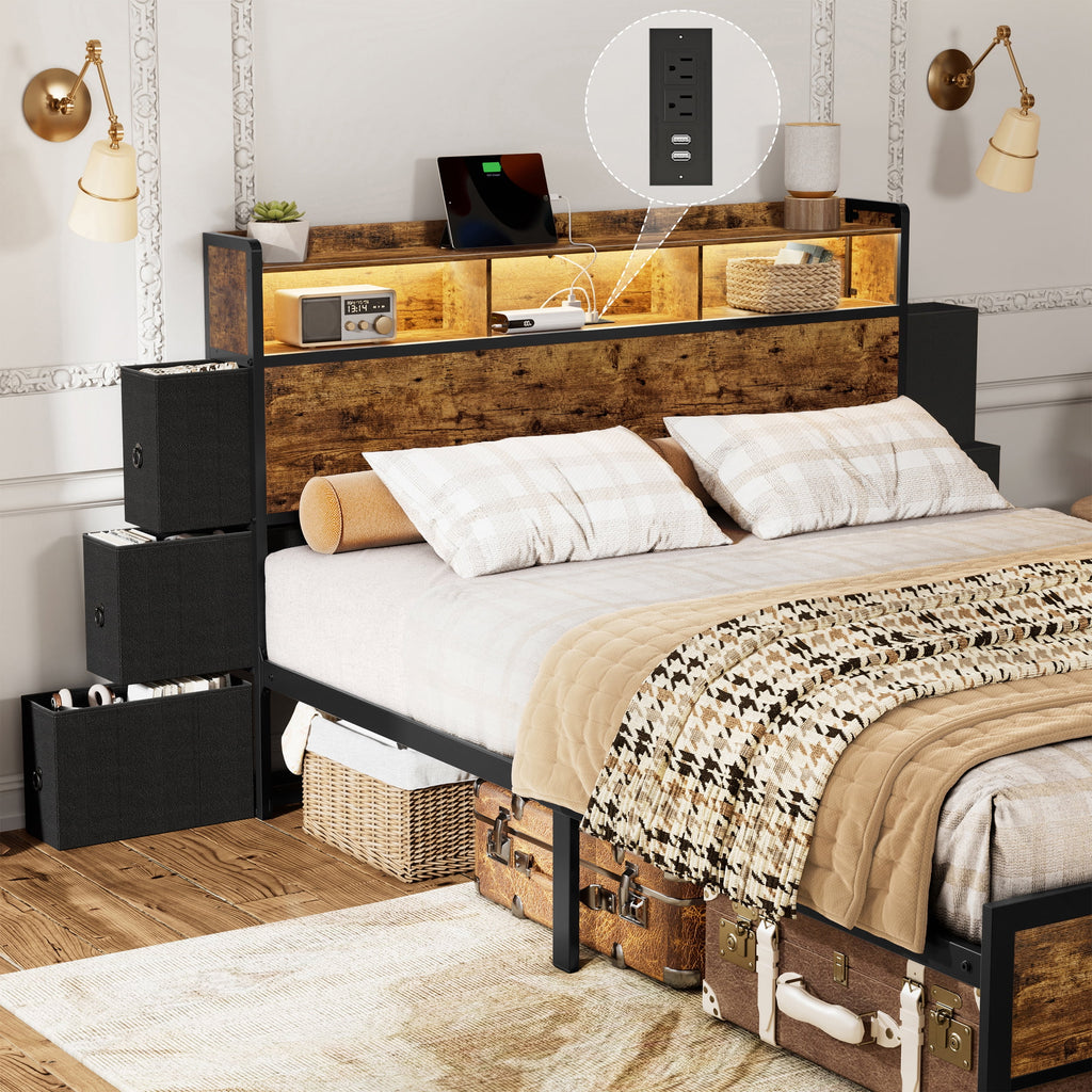 Queen Bed Frame with 6 Drawers Storage Headboard LED USB Ports & Outlets L576