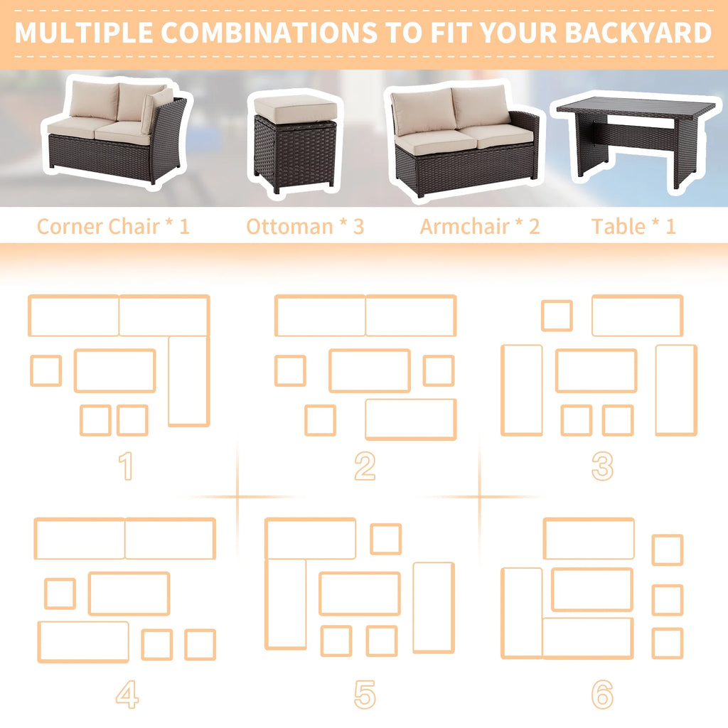 7-Piece Beige Rattan Wicker Sectional Sofa Set K35636