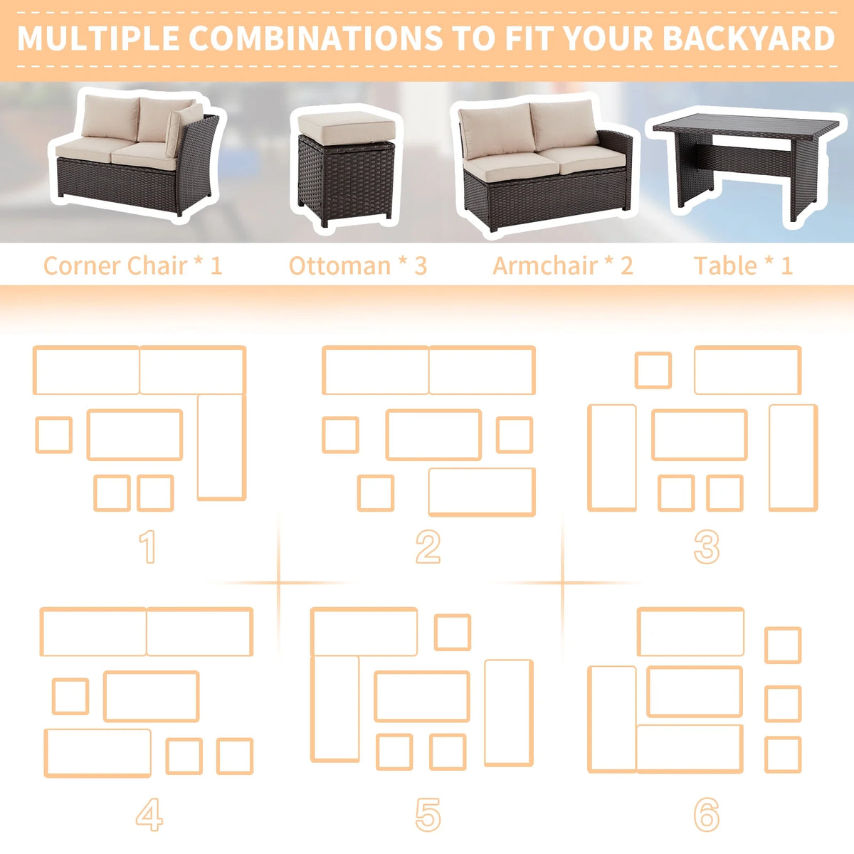 7-Piece Beige Rattan Wicker Sectional Sofa Set K35636