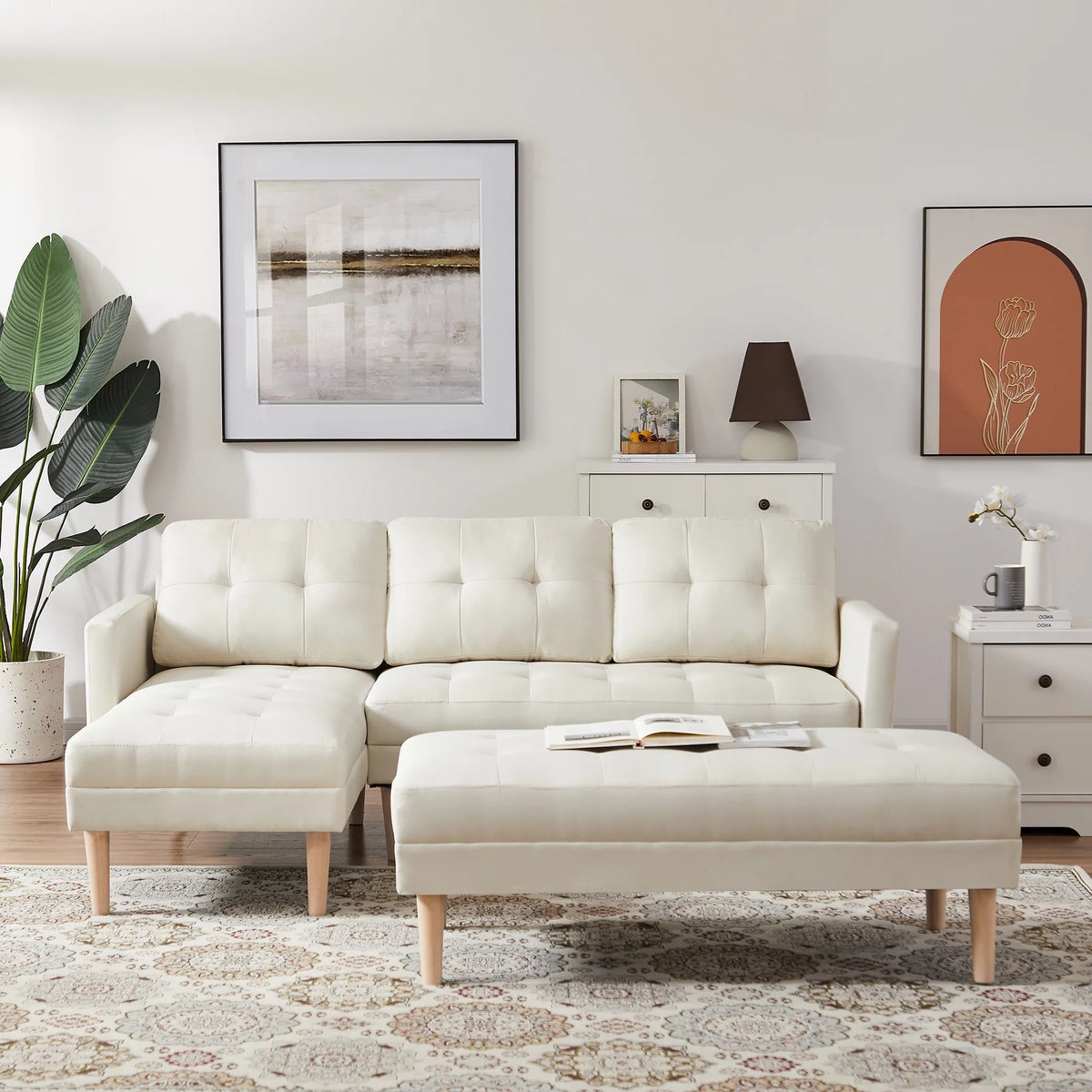 Beige Fabric Reversible Sleeper Sectional Sofa Bed J1649