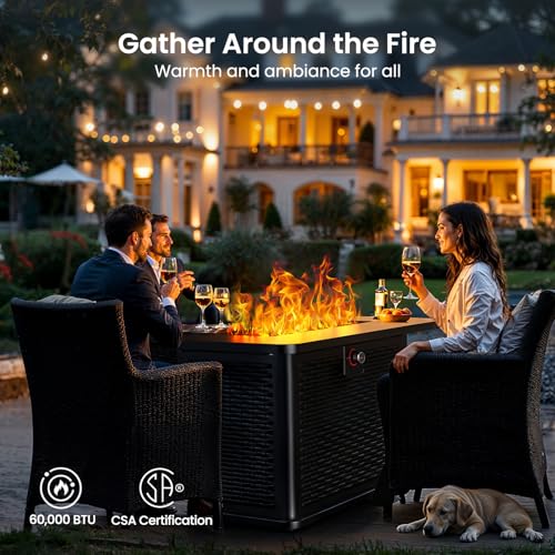43-Inch Rectangular Propane Fire Pit Table with 60,000 BTU, Glass Stones, and Wind Guard, Black I9748