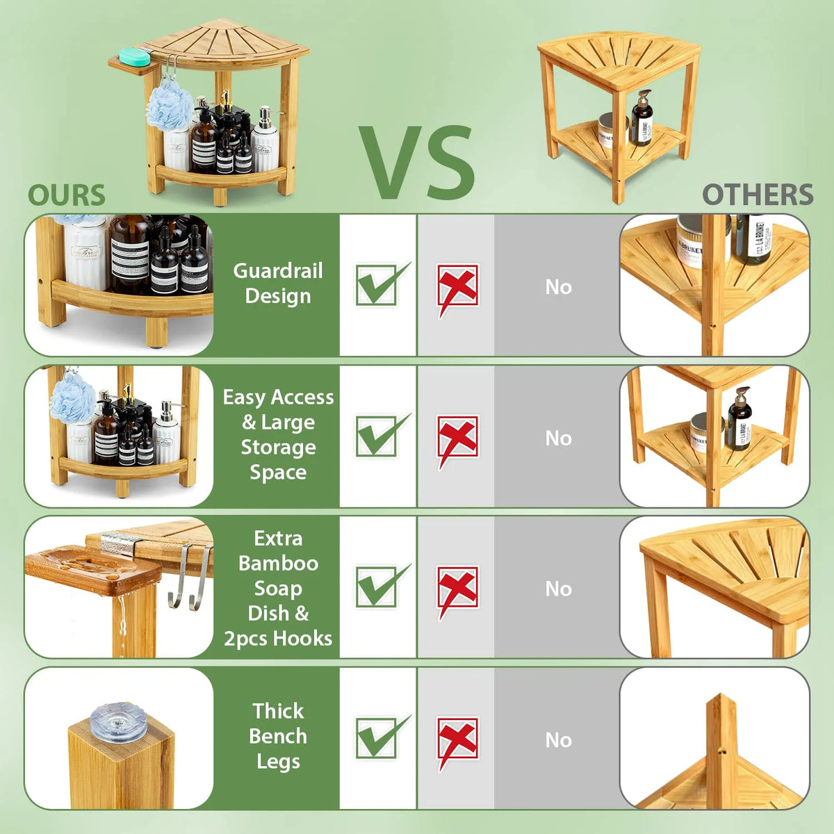Bamboo Corner Shower Stool with Storage Shelf and Soap Dish E87719
