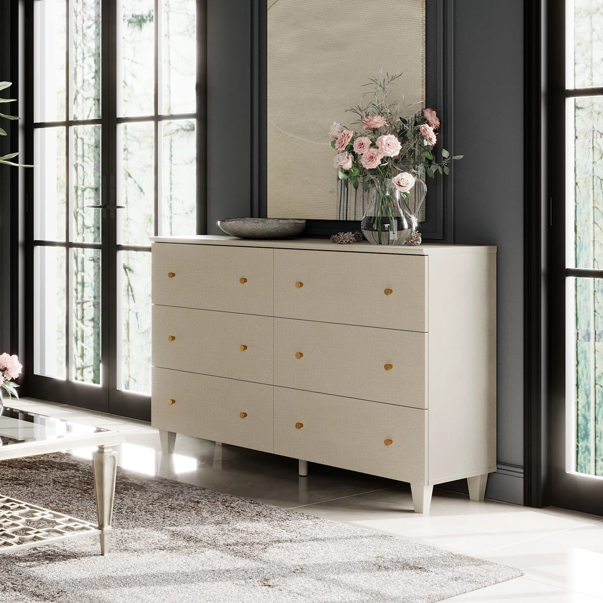 Beige 6 Drawer Wood Dresser V2814