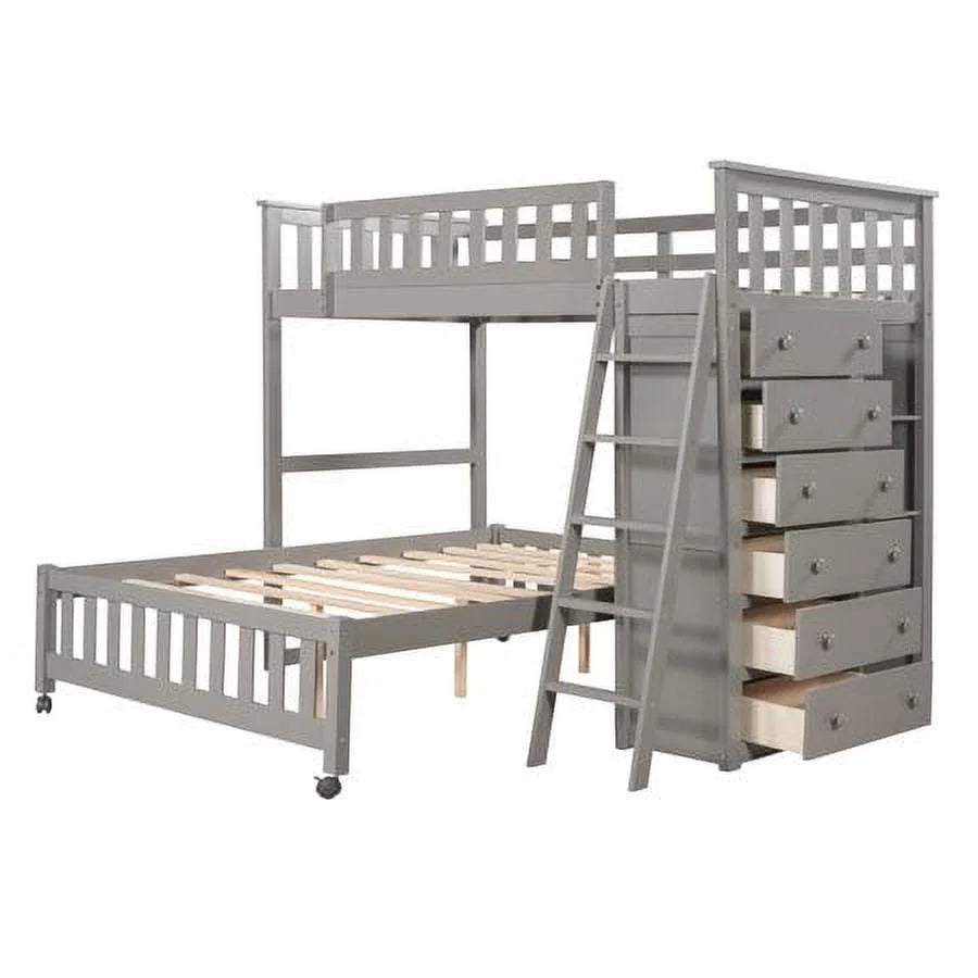 Twin Over Full Wooden Bunk Bed with 6 Storage Drawers and 3 Shelves, Gray I2341