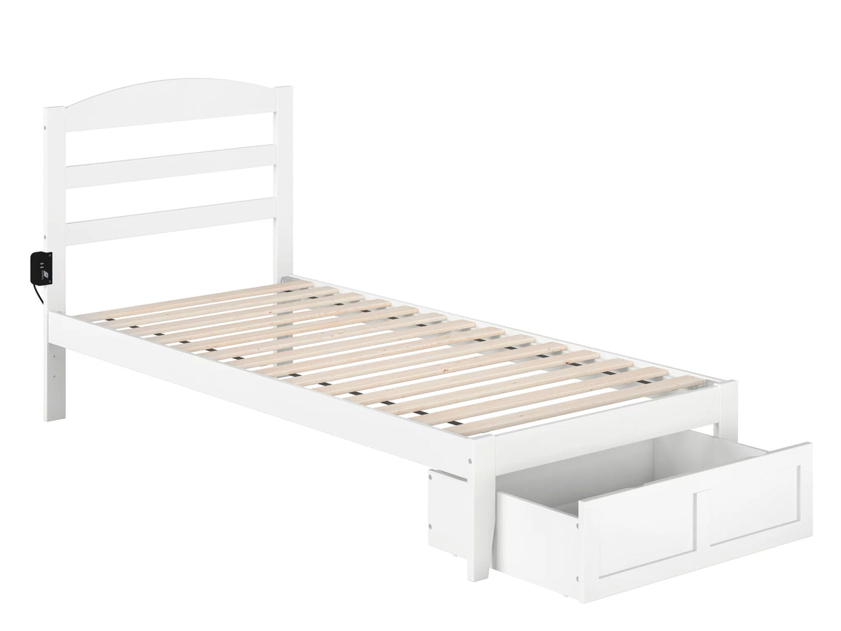 White Twin XL Wood Platform Bed Frame with Foot Drawer Storage H297883