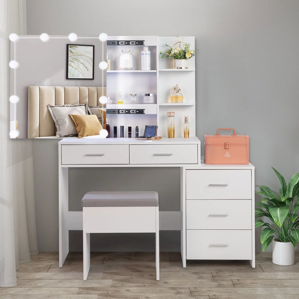 White Makeup Vanity Table Set with Sliding Mirror A7550