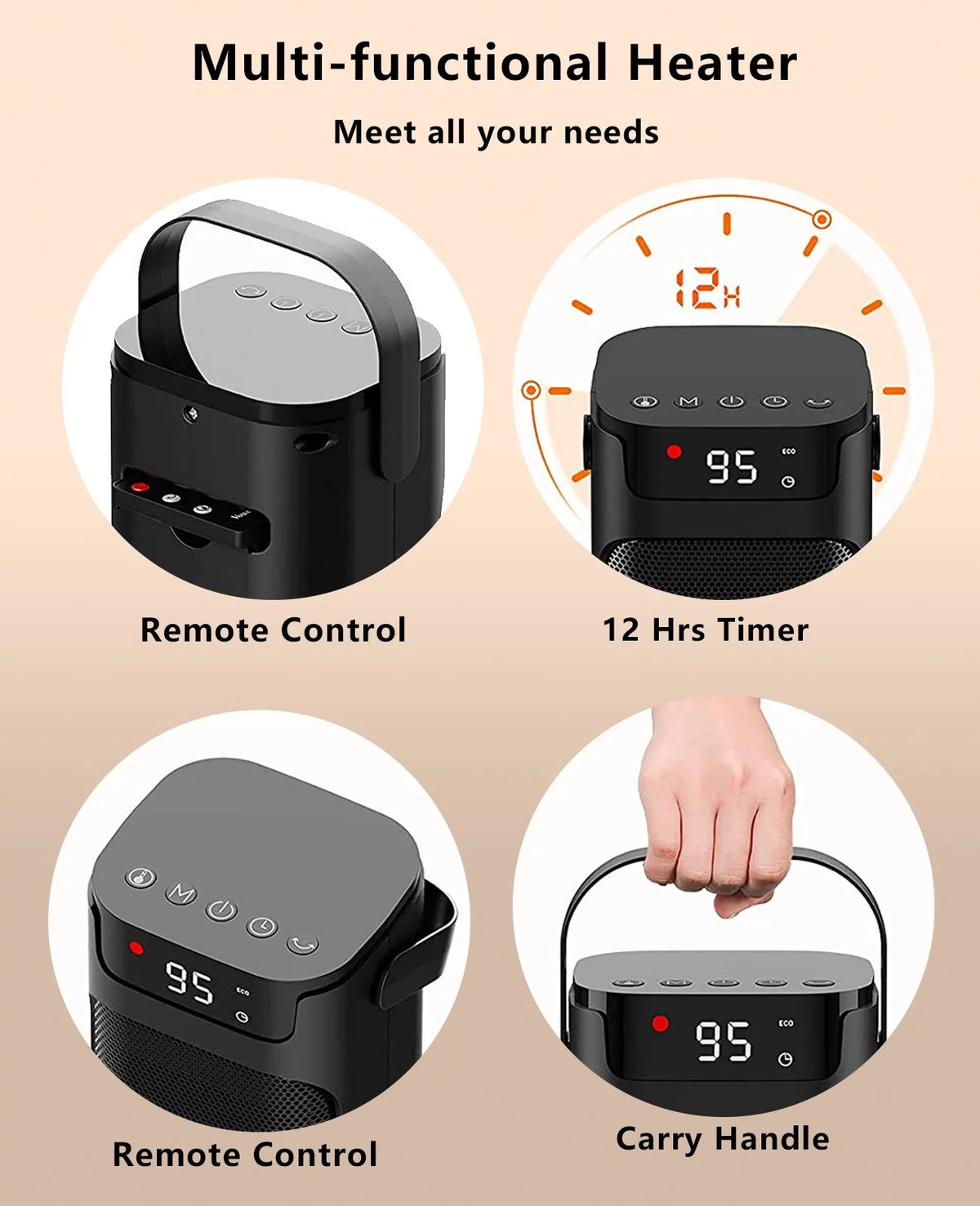 Electric Space Heater Indoor PTC Ceramic Heater with Thermostat Remote 90° Oscillating 1500W Q12184