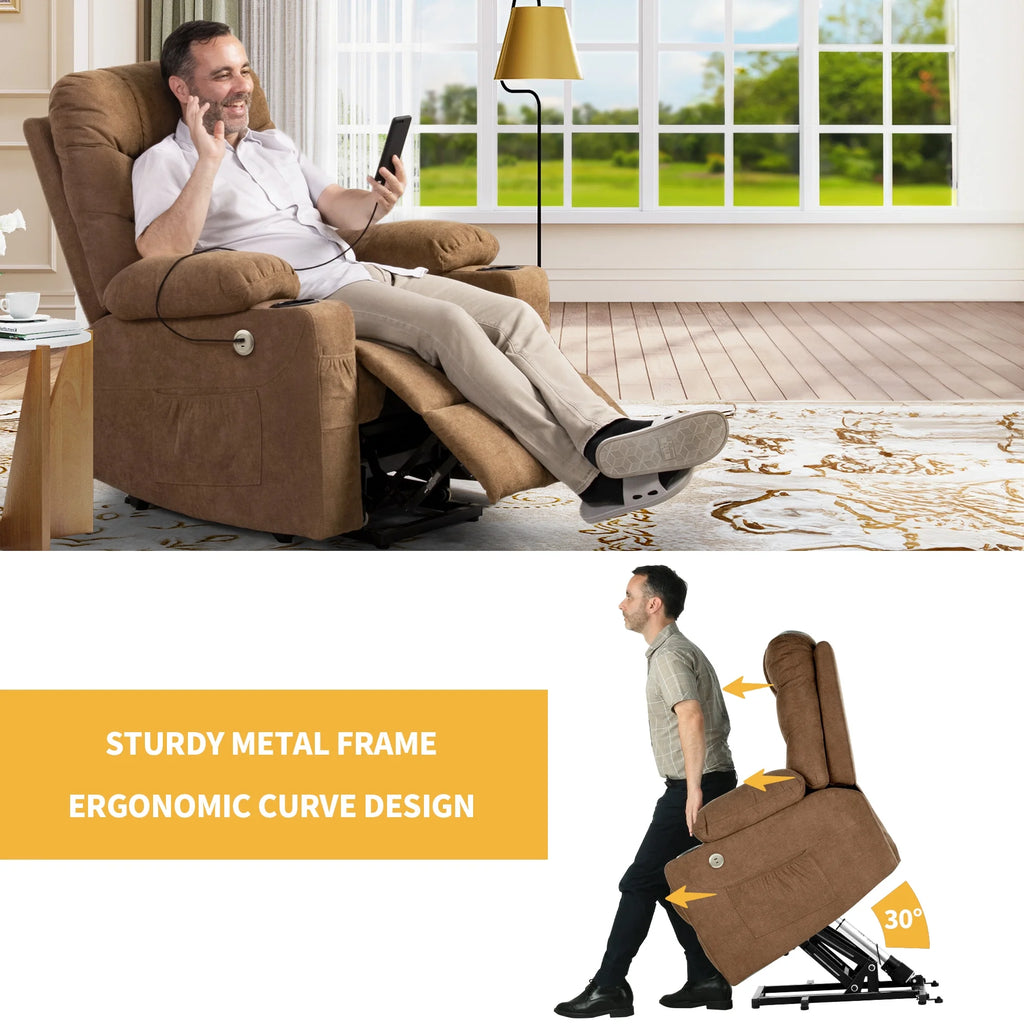 Brown Fabric Power Lift Recliner Chair with Massage and Heat M7888