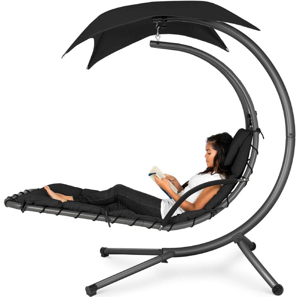 Hanging Curved Chaise Lounge Chair Swing with Pillow, Shade, Stand F928338