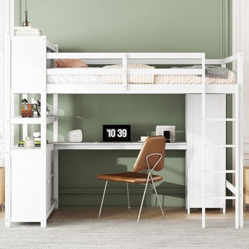 Full Loft Bed with Desk, Wardrobe, Bookshelf & Storage, Dark Blue, Wood Q999913