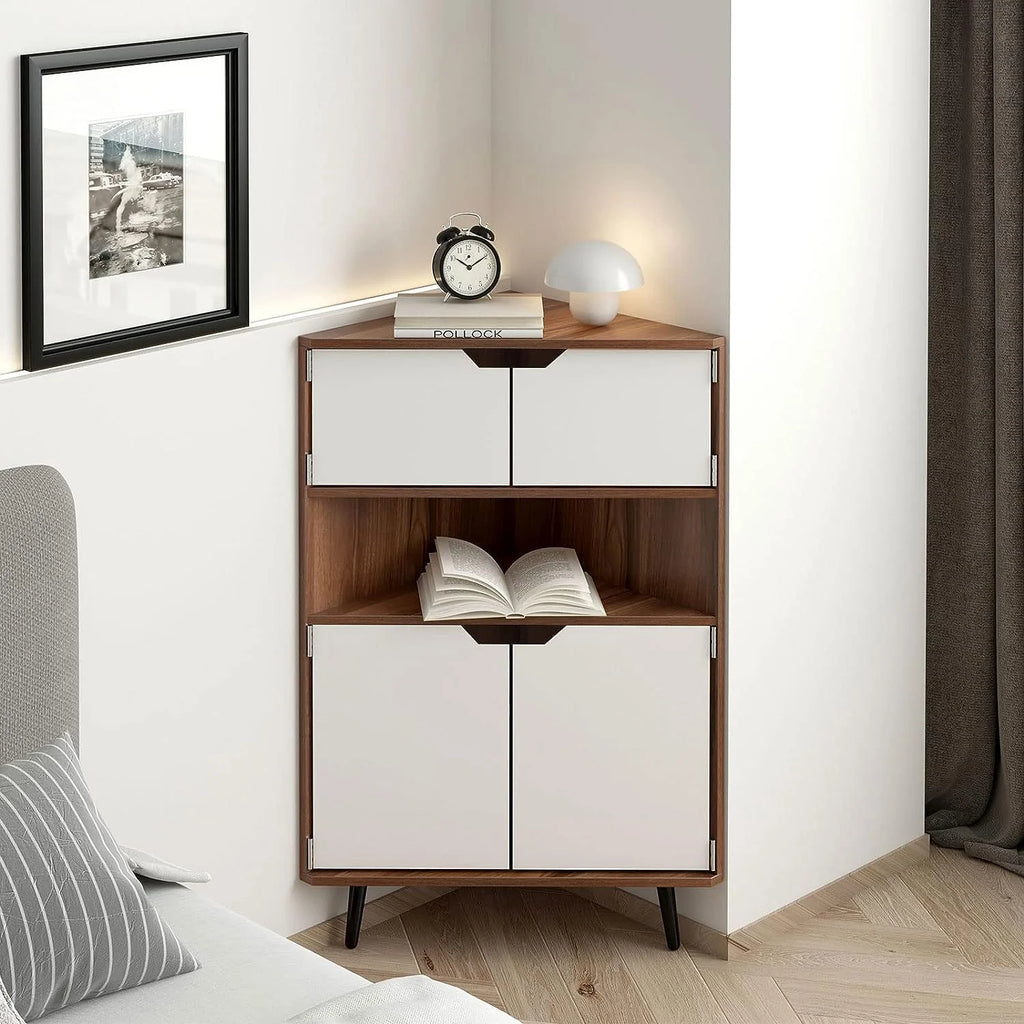 4-Tier Wood Corner Storage Cabinet with 4-Door Cabinet & 1 Cube C190