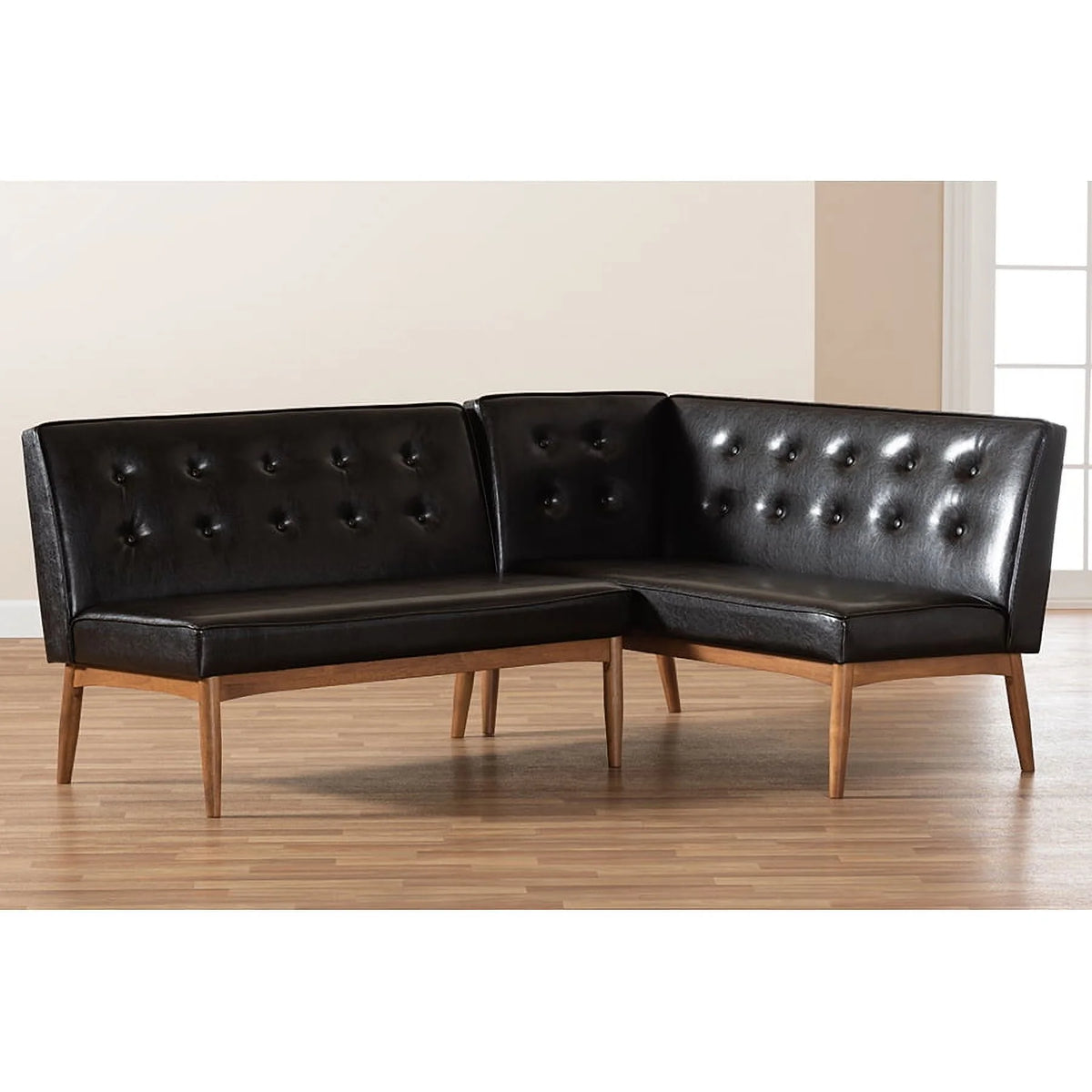 Dark Brown Faux Leather 2-Piece Wood Dining Nook Banquette Set D4897