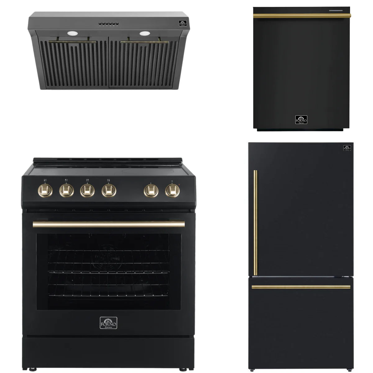 30 Electric Range, Range Hood, Refrigerator and Dishwasher in Black S72148