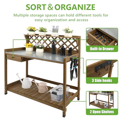 Wooden Potting Bench with Metal Table Top, Drawer and Shelf Q718461