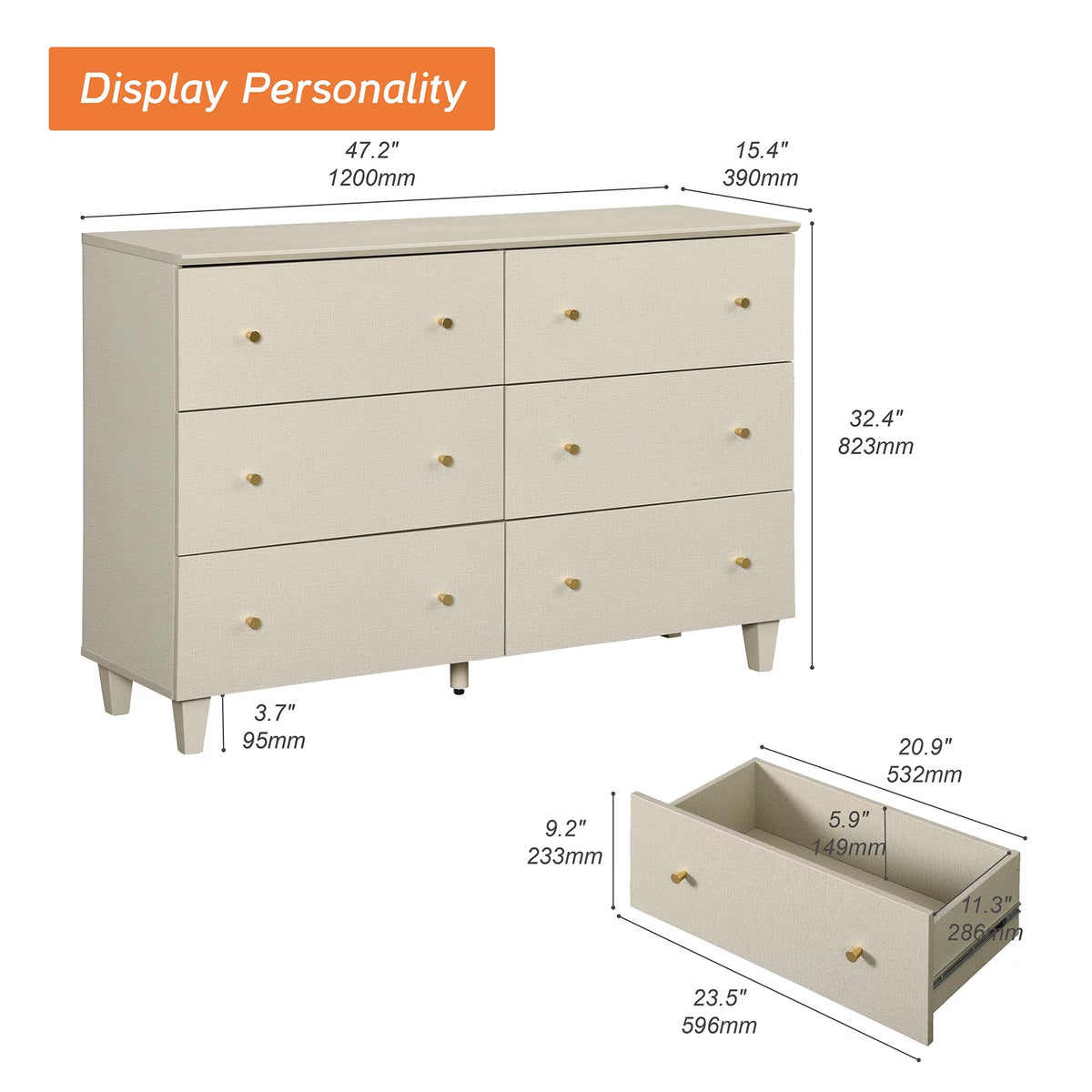 Beige 6 Drawer Wood Dresser V2814