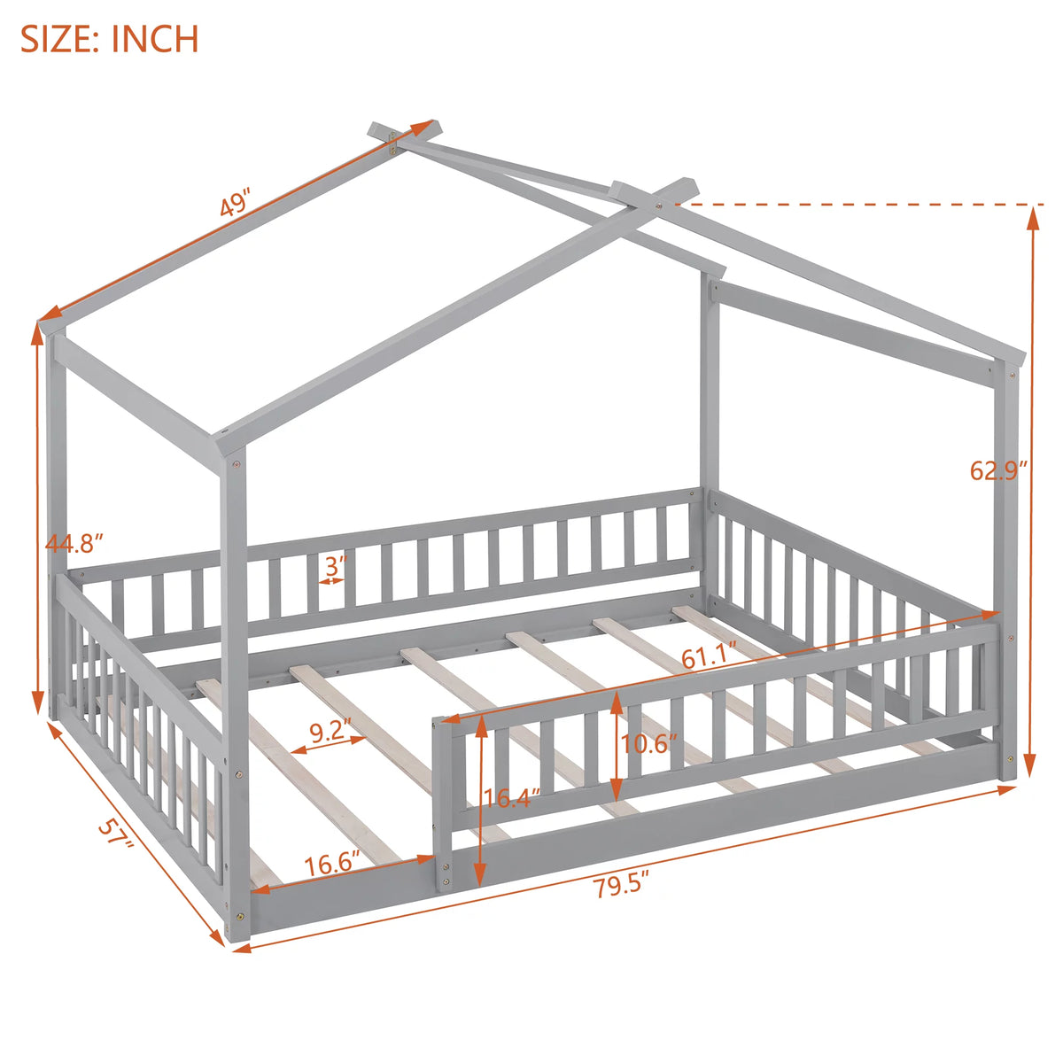 Full Size Wood Floor Bed Frame with Fence Guardrails and House Roof M743