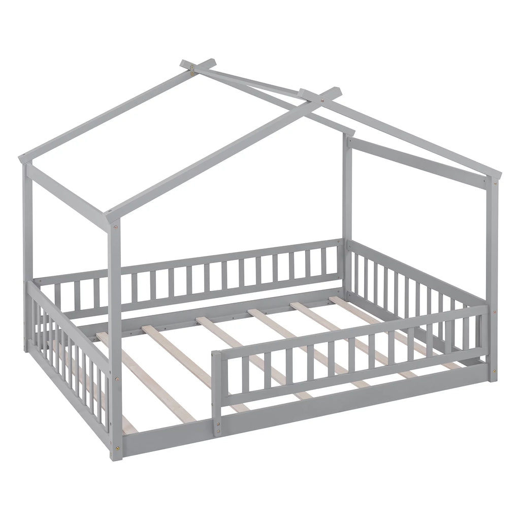 Full Size Wood Floor Bed Frame with Fence Guardrails and House Roof M743