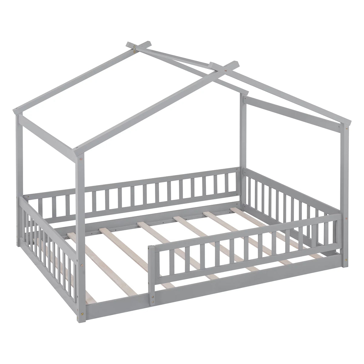 Full Size Wood Floor Bed Frame with Fence Guardrails and House Roof M743