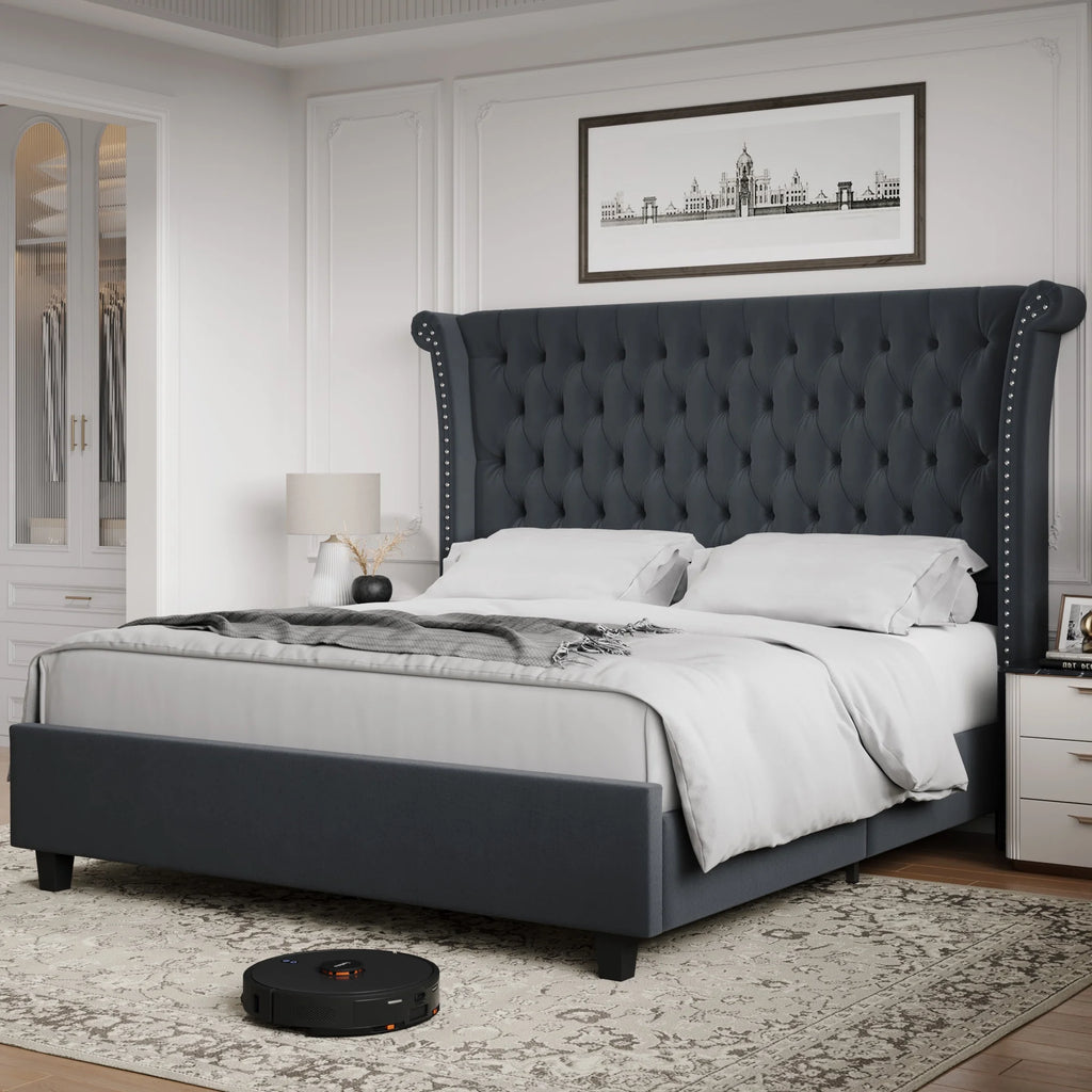 King Size White Velvet Tufted Upholstered Platform Bed W874