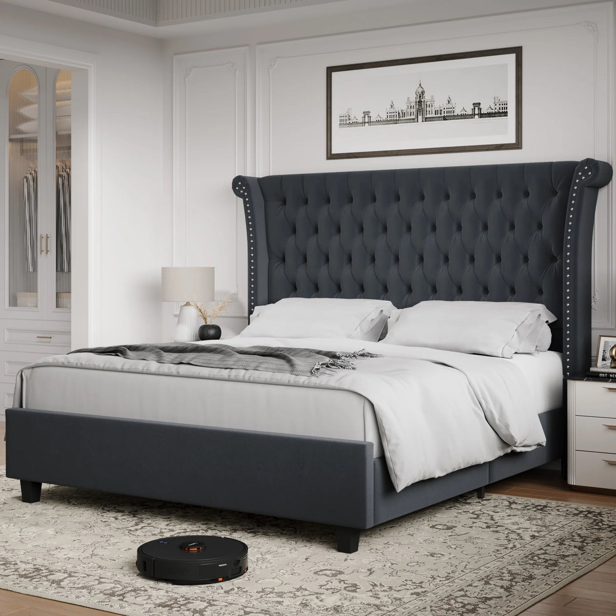 King Size White Velvet Tufted Upholstered Platform Bed W874