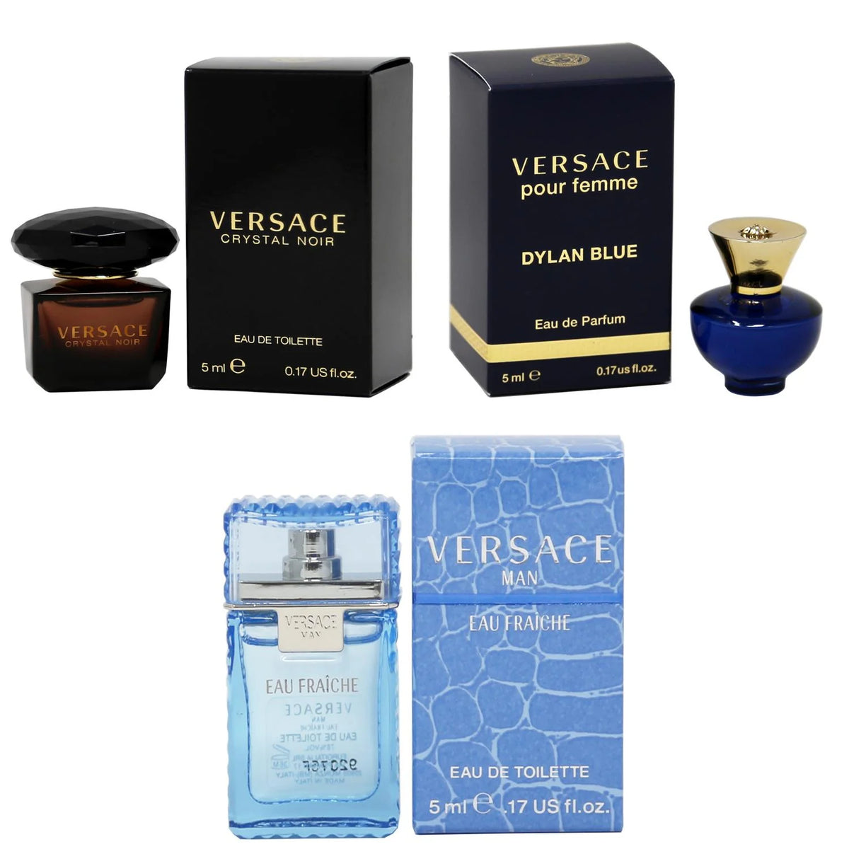 Crystal Noir EDT, Dylan Blue Femme EDP, Man Eau Fraiche EDT 5ml 3PK Kit L3172