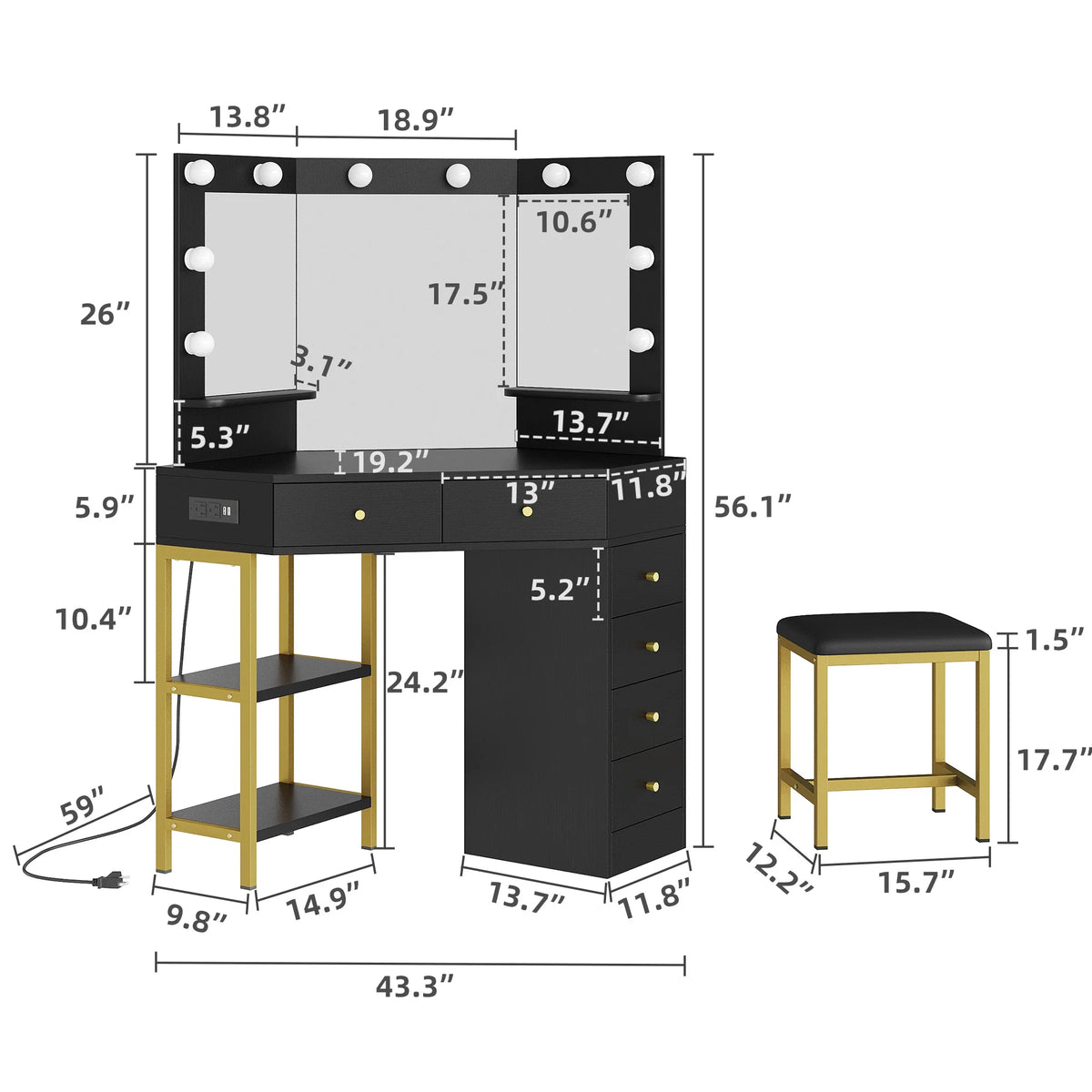 Black Corner Vanity Desk with Mirror and 6 Drawers B5653