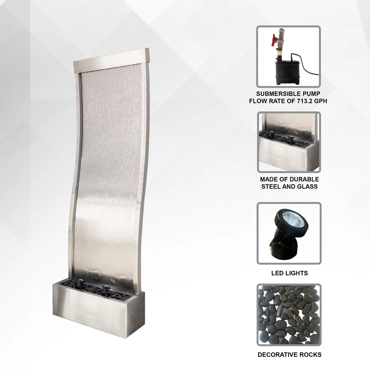 72" Steel Glass Mirror Fountain with Pump LED Lights and Rocks B570
