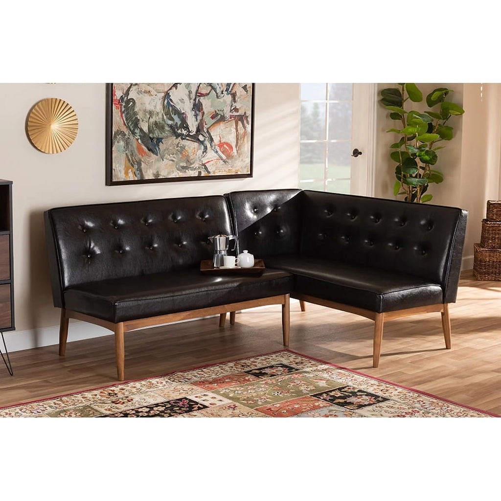 Dark Brown Faux Leather 2-Piece Wood Dining Nook Banquette Set D4897