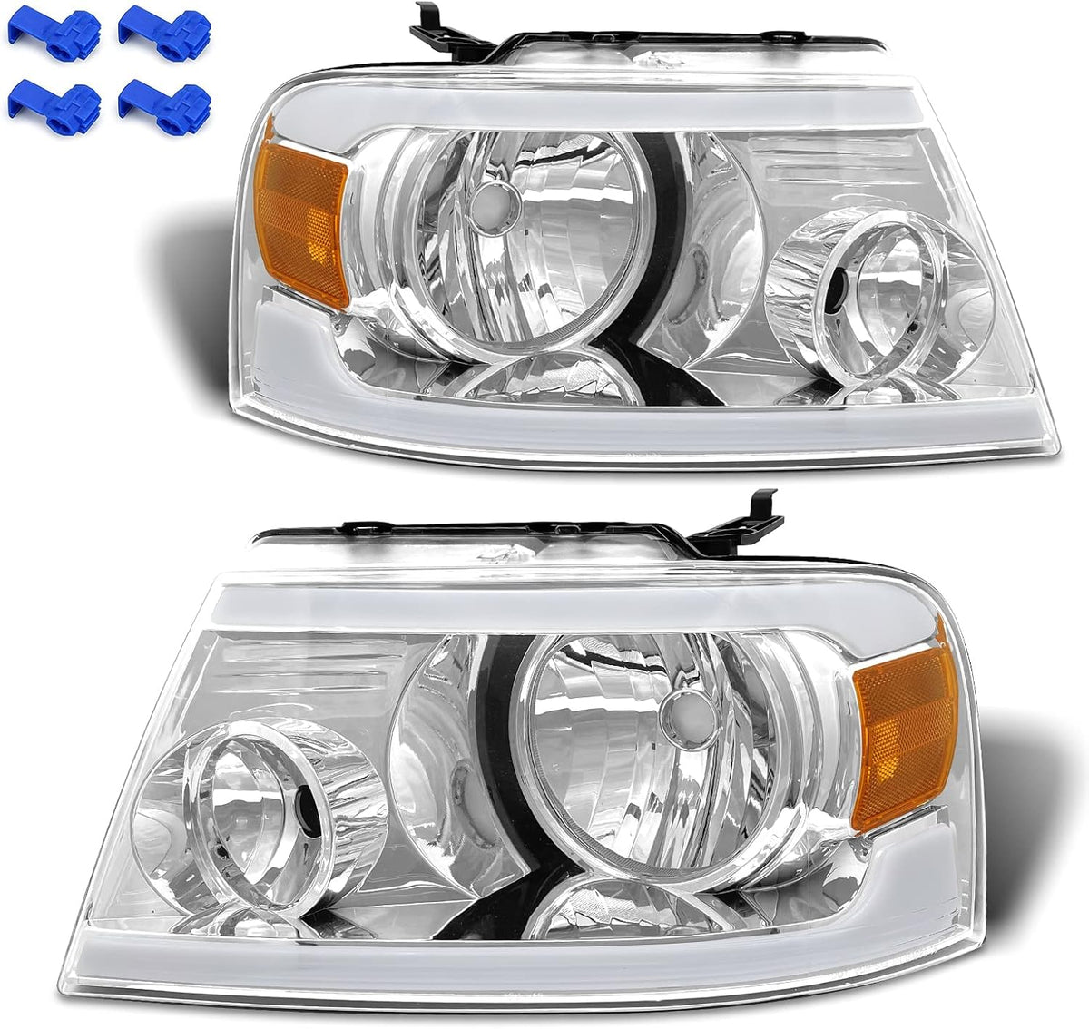 2004-2008 F150 Headlight Assembly with LED Bar Left and Right Chrome Housing X7412