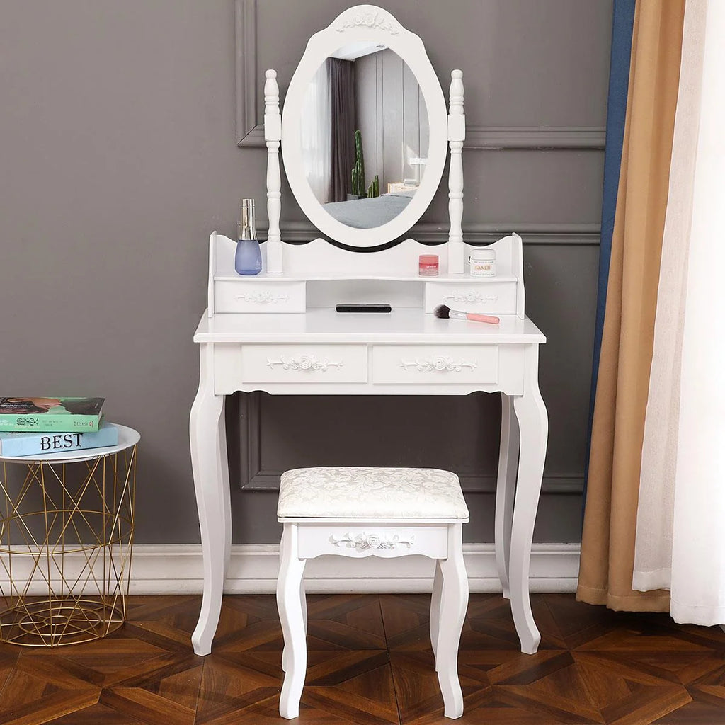 White Vanity Table and Stool Set with 4 Drawers & Mirror O759582
