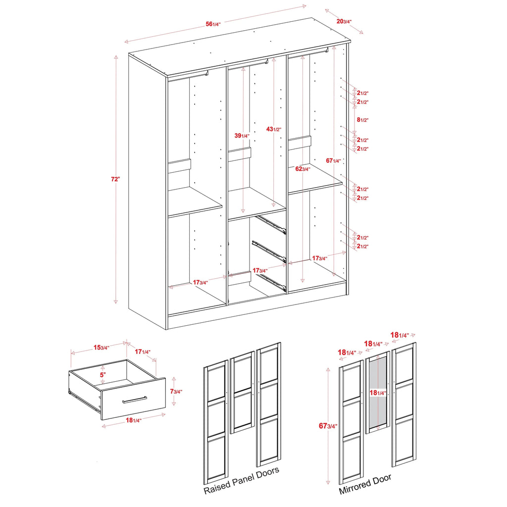 100% Solid Wood 3-Door Wardrobe Armoire K905084